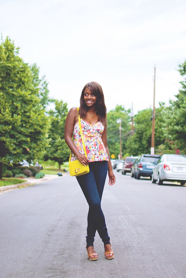 james jeans twiggy, dc blogger, fashion blogger, woc blogger, floral peplum top, free people some like it hot, steve madden cork wedges