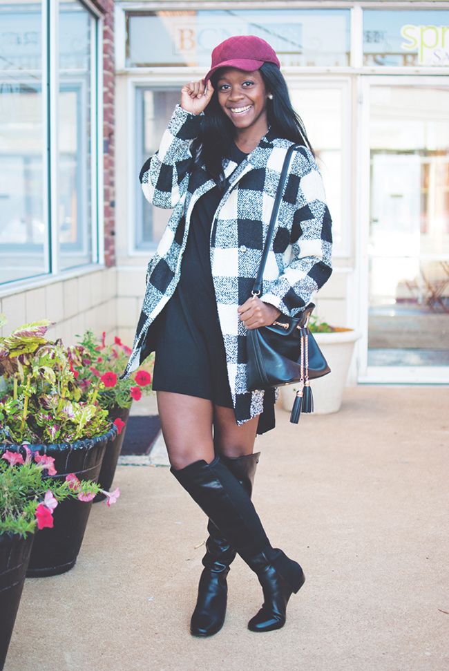 vince camuto boots, over the knee boots, plaid coat, little mistress plaid coat, checked plaid coat, fall style, dc blogger, fashion blogger, dc style blogger, northern virginia blogger, asos tshirt dress, madewell baseball cap, quilted baseball cap