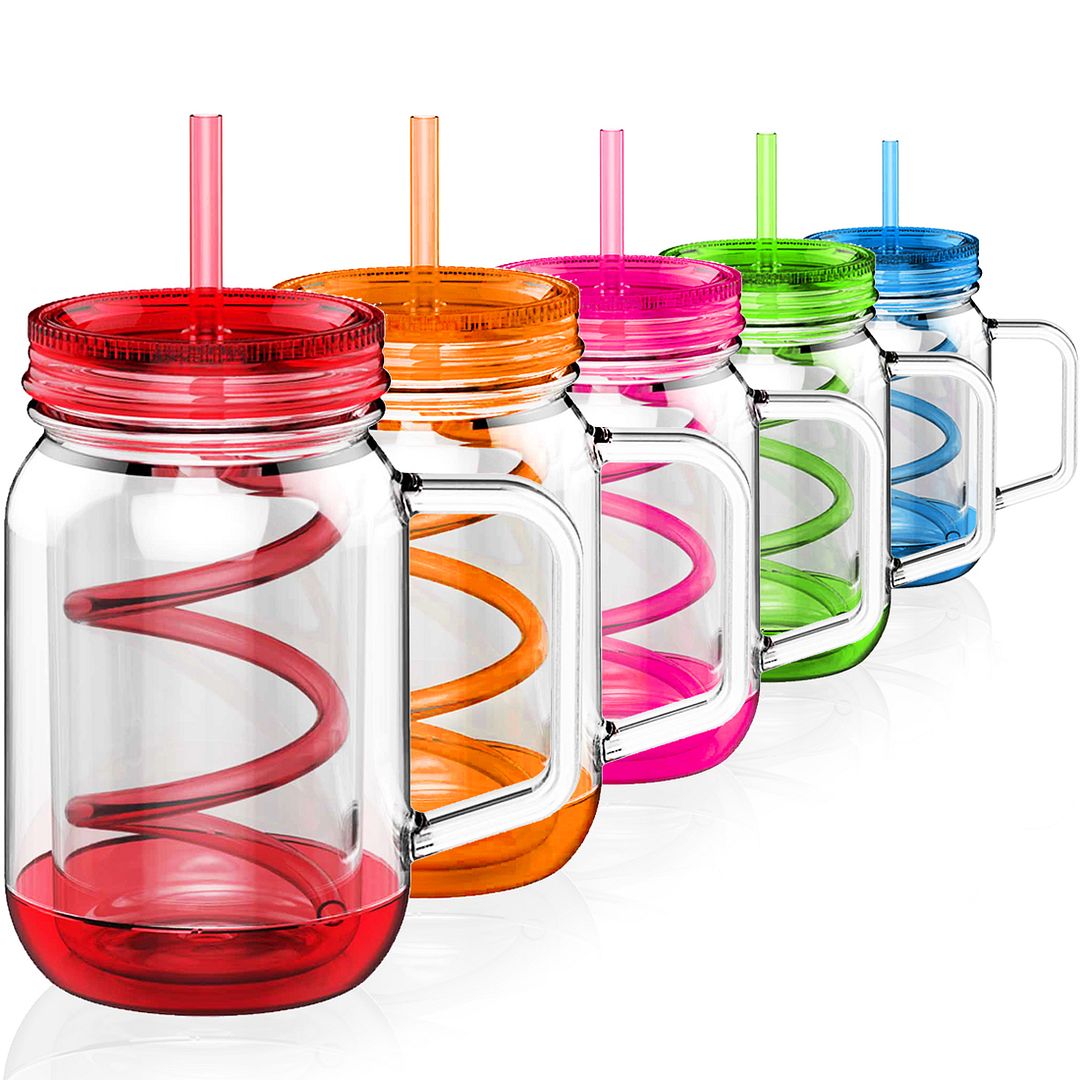 17oz. Double Wall Plastic Mason Jar Mug Smoothie Cup w/Straw and HandleBPA Free