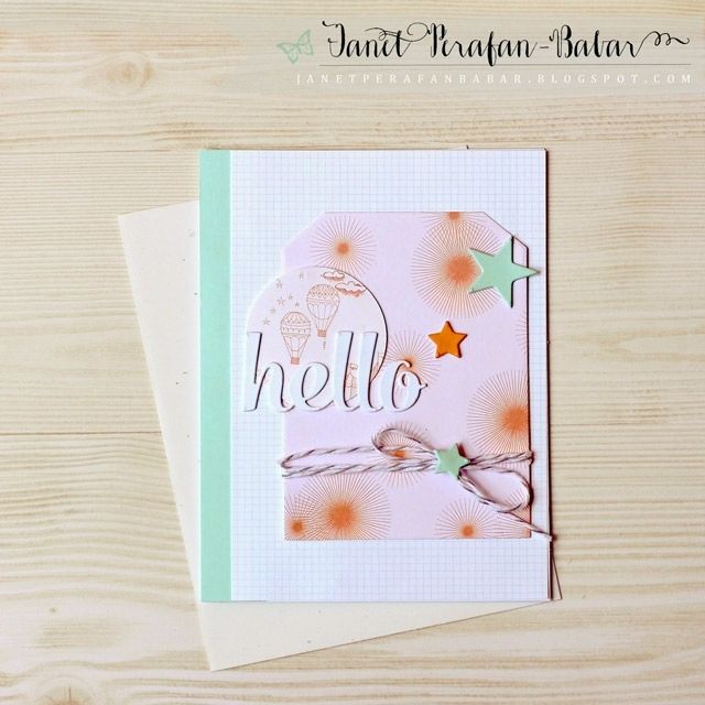 Hello Card by Janet Perafan-Babar: Paper Smooches Quote Tag Die, Paper Smooches Stars Die Set; Studio Calico Fairground Card Kit