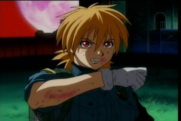 A blood-smeared Seras wipes her mouth