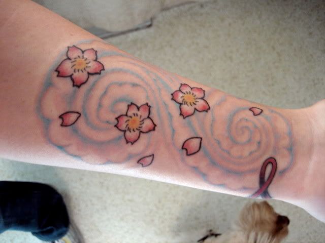  blossoms and possibly a sparrow towards the inner elbow of my arm.