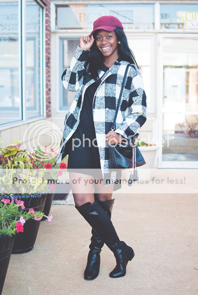 vince camuto boots, over the knee boots, plaid coat, little mistress plaid coat, checked plaid coat, fall style, dc blogger, fashion blogger, dc style blogger, northern virginia blogger, asos tshirt dress, madewell baseball cap, quilted baseball cap