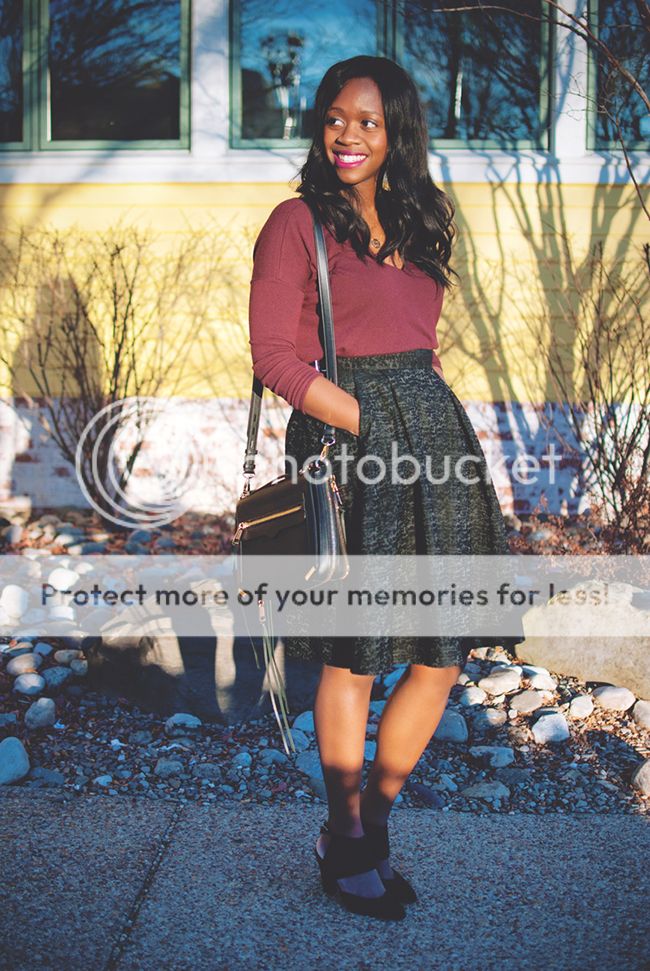 holiday attire, what to wear on christmas, hm midi skirt, ann taylor v neck sweater, bc footwear on the sly, rebecca minkoff dylan tech, hanuel